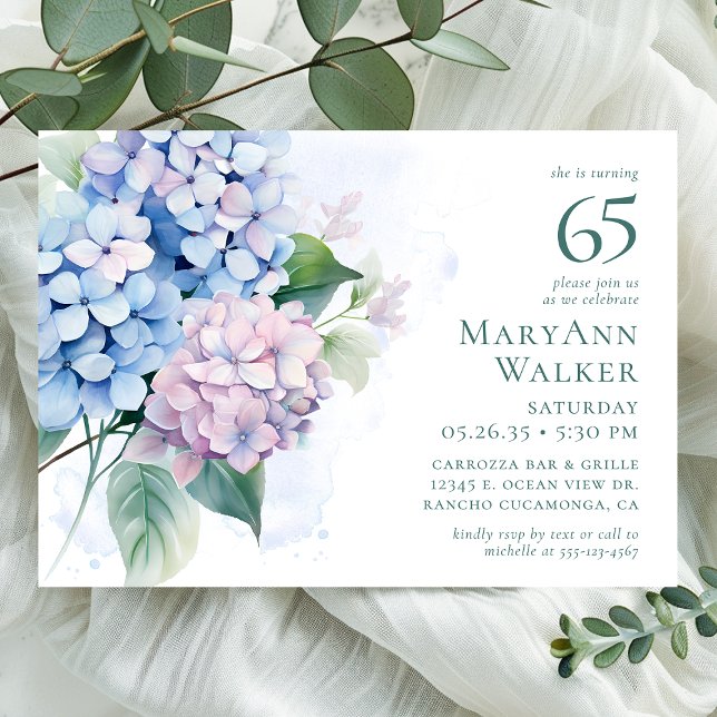 Invitation Fête d'anniversaire 65 ans aux Hydrangeas Rose Ble (Créateur téléchargé)