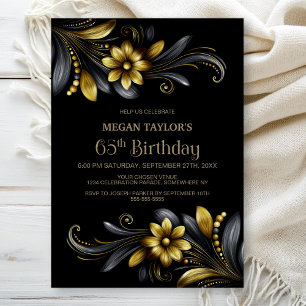 Invitation Fête d'anniversaire 65 ans Black Gold Floral
