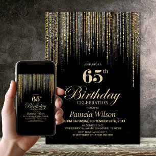 Invitation Fête d'anniversaire 65 ans Black Gold Glitter