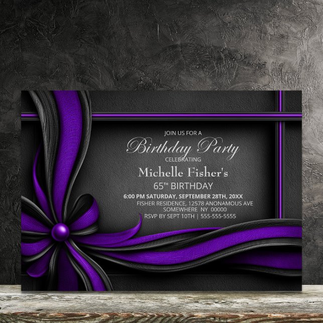 Invitation Fête d'anniversaire 65 ans Élégant Ruban Violet et (Créateur téléchargé)