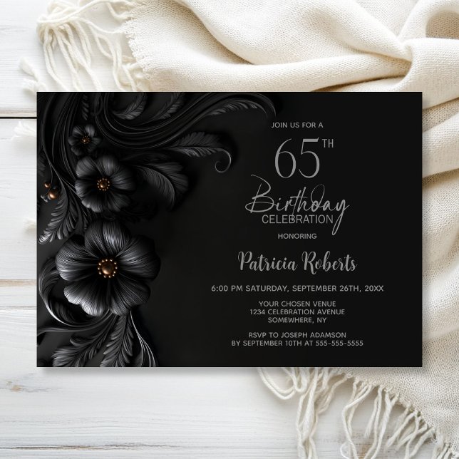 Invitation Fête d'anniversaire 65 ans élégante à fleurs noire (Créateur téléchargé)