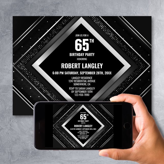 Invitation Fête d'anniversaire 65 ans élégante noire et argen (Créateur téléchargé)