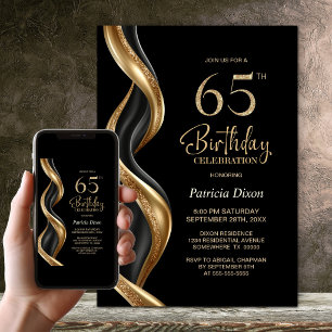 Invitation Fête d'anniversaire 65 ans élégante noire et or