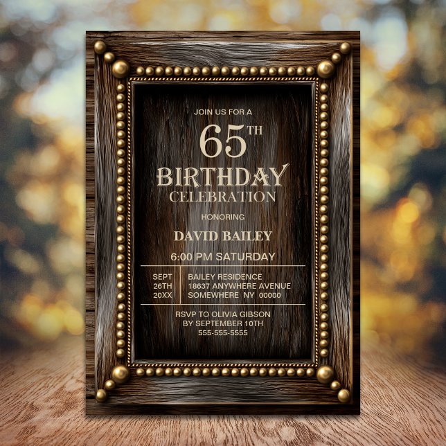 Invitation Fête d'anniversaire 65 ans en Bois Rustique (Créateur téléchargé)