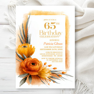 Invitation Fête d'anniversaire 65 ans Fleur Orange Vibrante