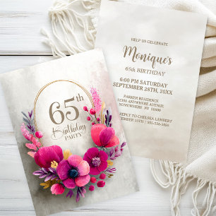 Invitation Fête d'anniversaire 65 ans Fleurs roses
