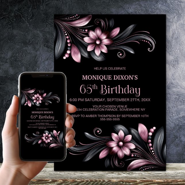 Invitation Fête d'anniversaire 65 ans Floral Black Pink (Créateur téléchargé)