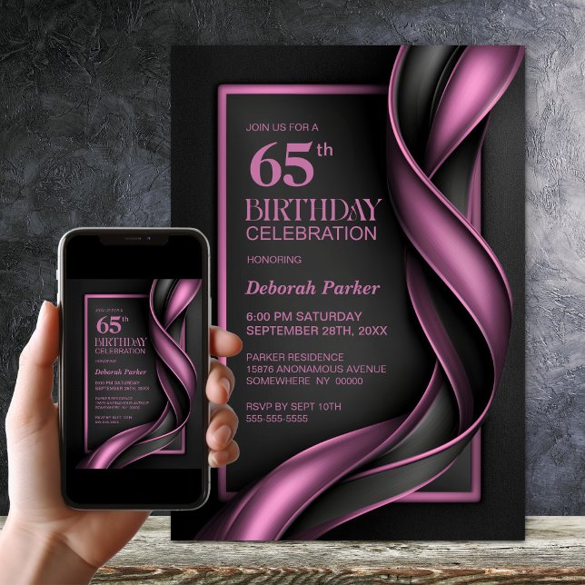 Invitation Fête d'anniversaire 65 ans moderne noir et rose (Créateur téléchargé)