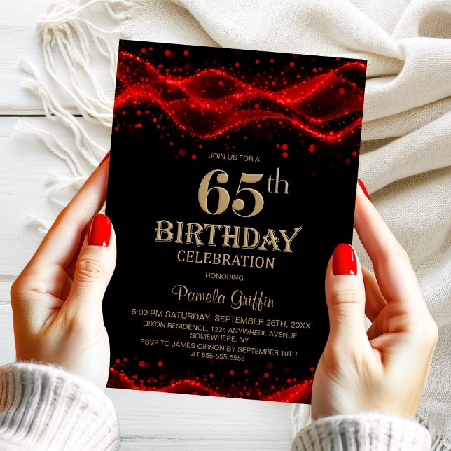Invitation Fête d'anniversaire 65 ans moderne noir et rouge (Créateur téléchargé)