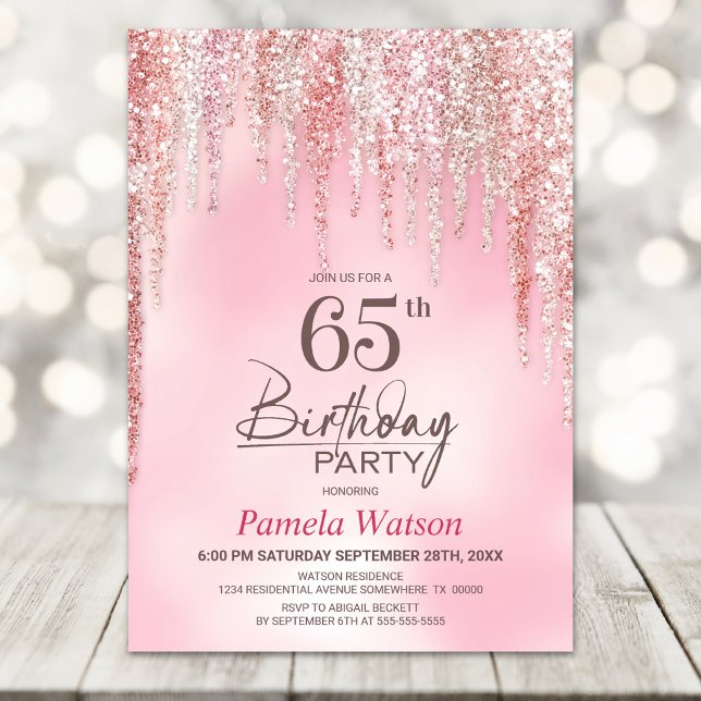 Invitation Fête d'anniversaire 65 ans Paillettes Roses (Créateur téléchargé)
