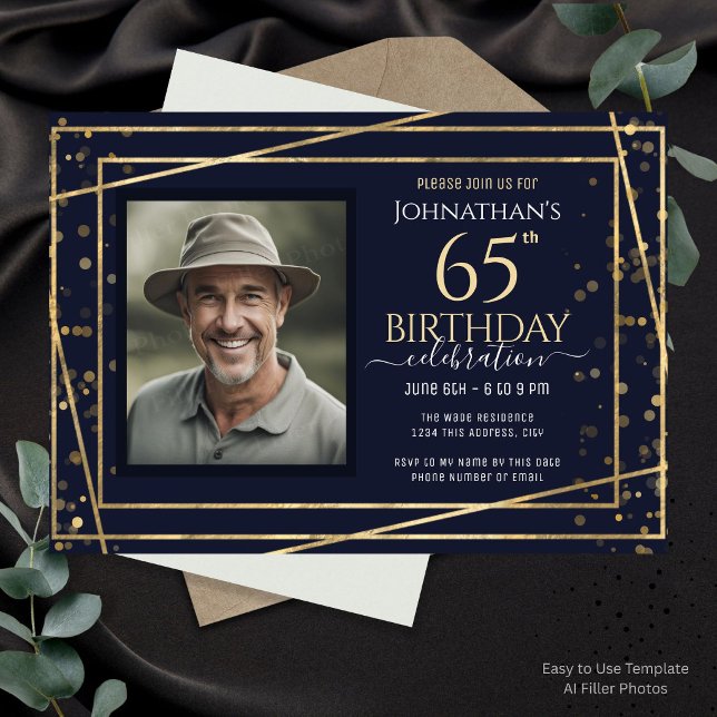Invitation Fête d'anniversaire 65 ans Photo Or Bleu  (Créateur téléchargé)