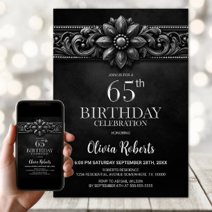Invitation Fête d'anniversaire 65 ans Silver Flower Black