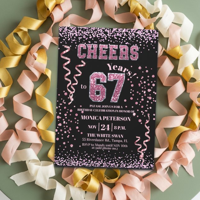 Invitation Fête d'anniversaire 67 ans Strass Rose Pailletés (Créateur téléchargé)