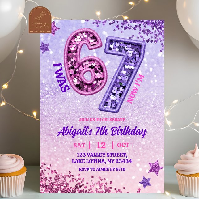 Invitation Fête d'anniversaire 67 paillettes rose violet (Créateur téléchargé)
