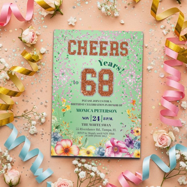 Invitation Fête d'anniversaire 68 ans Floral Pailleté Émeraud (Créateur téléchargé)