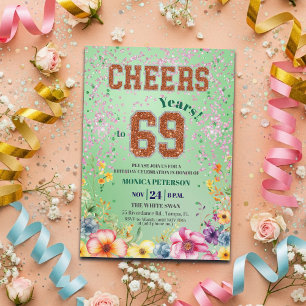 Invitation Fête d'anniversaire 69 ans Floral Pailleté Émeraud