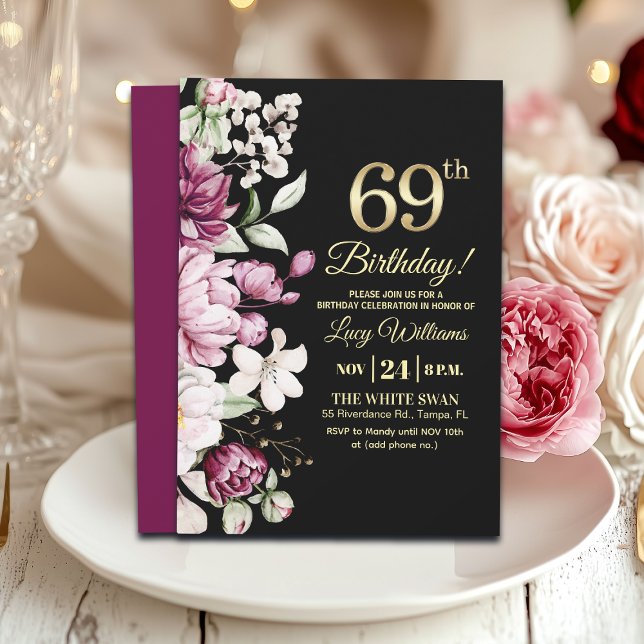 Invitation Fête d'anniversaire 69 Élégante Florale Or (Créateur téléchargé)