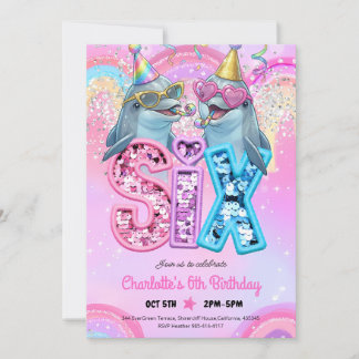 Invitation Fête d'anniversaire 6 ans Dauphin Piscine Pastel
