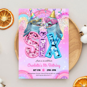 Invitation Fête d'anniversaire 6 ans Dauphin Piscine Pastel
