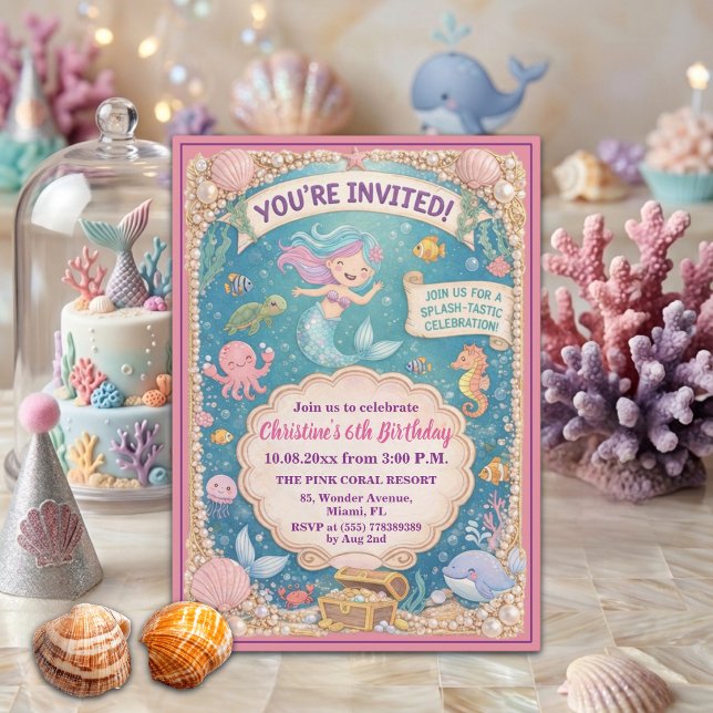 Invitation Fête d'anniversaire 6 ans de sirène sous la mer am (Créateur téléchargé)
