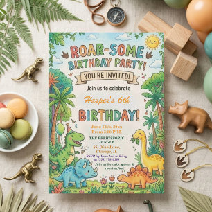 Invitation Fête d'anniversaire 6 ans Dinosaures Aquarelle Jun