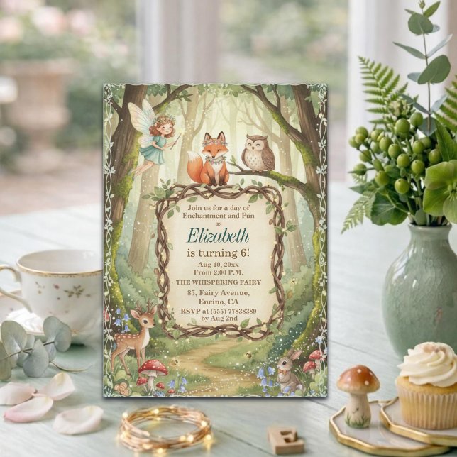 Invitation Fête d'anniversaire 6 ans Fée Animaux de la Forêt (Créateur téléchargé)