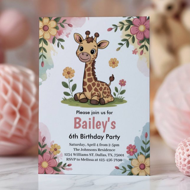 Invitation Fête d'anniversaire 6 ans Fleurs Enfant Girafe Jun (Créateur téléchargé)