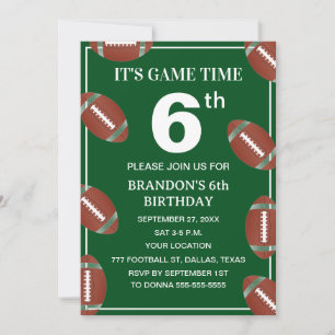 Invitation Fête d'anniversaire 6 ans Football Vert Sport Enfa