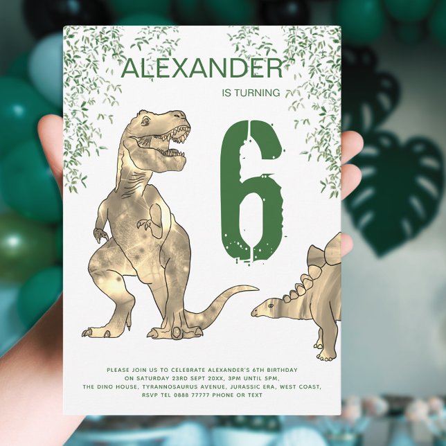 Invitation Fête d'anniversaire 6 ans Jungle Dinosaure T-Rex (T-Rex and stegosaurus Dinosaur Jurassic jungle 6th birthday party invitation green and brown)