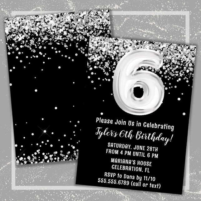 Invitation Fête d'anniversaire 6 ans Noir et Blanc (Créateur téléchargé)