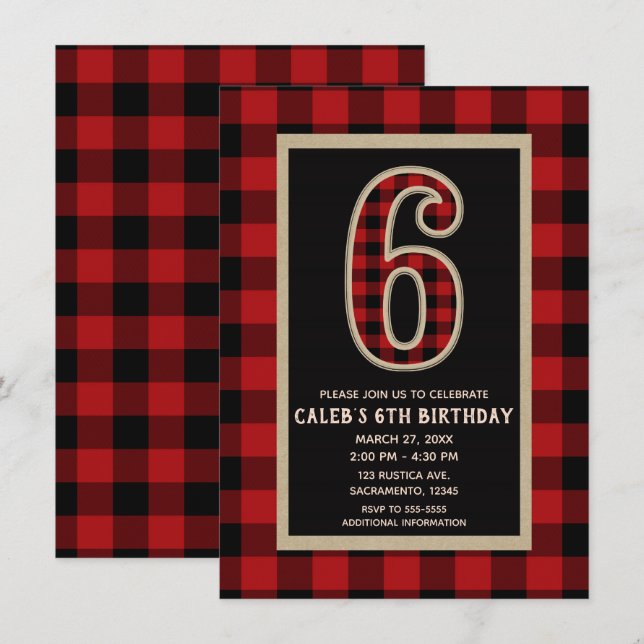 Invitation Fête d'anniversaire 6 ans Plaid Buffalo Rouge Noir (Devant / Derrière)