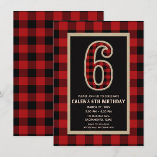 Invitation Fête d'anniversaire 6 ans Plaid Buffalo Rouge Noir
