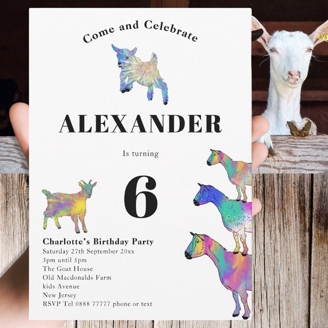 Invitation Fête d'anniversaire 6 ans sur le thème de la chèvr (Cute goats colorful watercolor farm animal art 6th birthday party invitation)