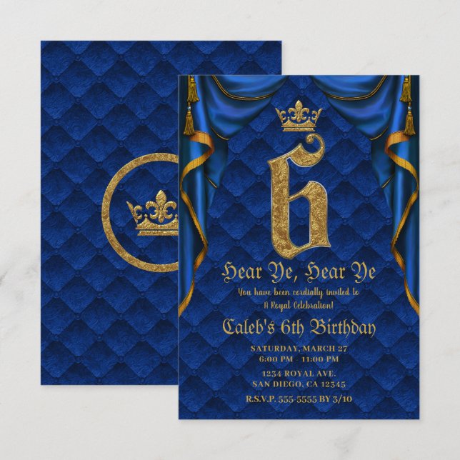 Invitation Fête d'anniversaire 6ÈME 6 SIX Couronne royale ble (Devant / Derrière)