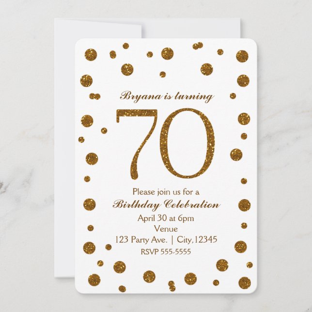 Invitation Fête d'anniversaire 70 ans 70 White & Gold Glitter (Devant)