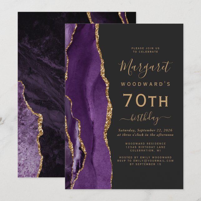 Invitation Fête d'anniversaire 70 ans Agate Or Violet (Devant / Derrière)