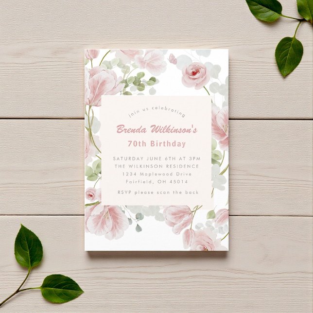 Invitation Fête d'anniversaire 70 ans aquarelle florale  (Créateur téléchargé)
