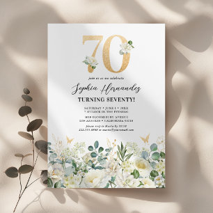 Invitation Fête d'anniversaire 70 ans aux fleurs vertes et bl