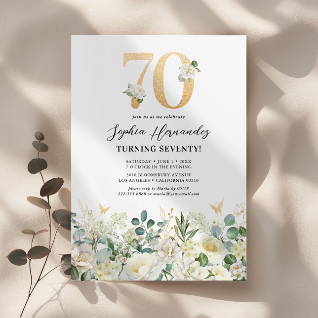 Invitation Fête d'anniversaire 70 ans aux fleurs vertes et bl (Créateur téléchargé)