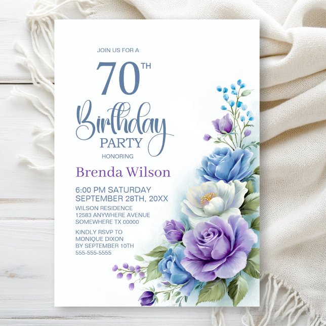 Invitation Fête d'anniversaire 70 ans aux fleurs violettes et (Créateur téléchargé)