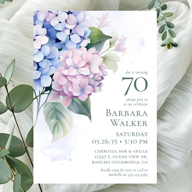 Invitation Fête d'anniversaire 70 ans aux Hydrangeas Bleu Ros (Créateur téléchargé)