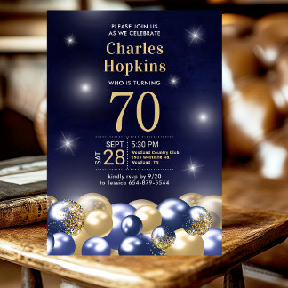 Invitation Fête d'anniversaire 70 ans ballons bleu marine or