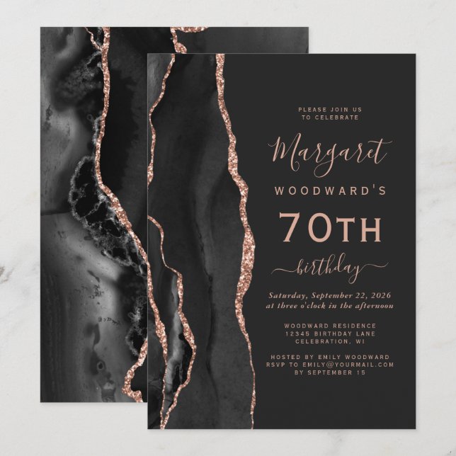 Invitation Fête d'anniversaire 70 ans Black Rose Gold Agate D (Devant / Derrière)