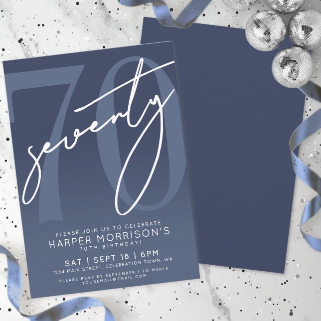 Invitation Fête d'anniversaire 70 ans bleu marine (Navy Blue 70th Birthday Party Invitation )