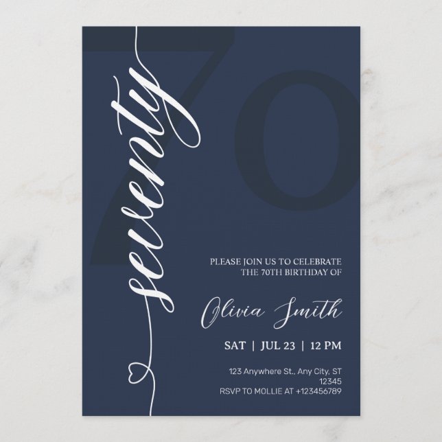 Invitation Fête d'anniversaire 70 ans Bleu Nuit et Blanc Mode (Devant)
