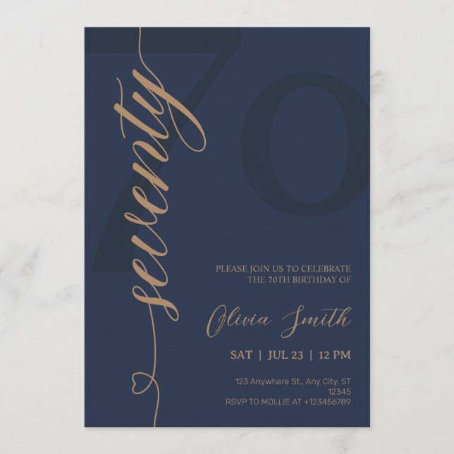 Invitation Fête d'anniversaire 70 ans Bleu Nuit & Or Moderne (Devant)
