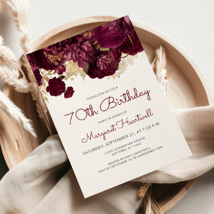 Invitation Fête d'anniversaire 70 ans Burgundy Red Floral