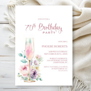 Invitation Fête d'anniversaire 70 ans Champagne Rose Floral