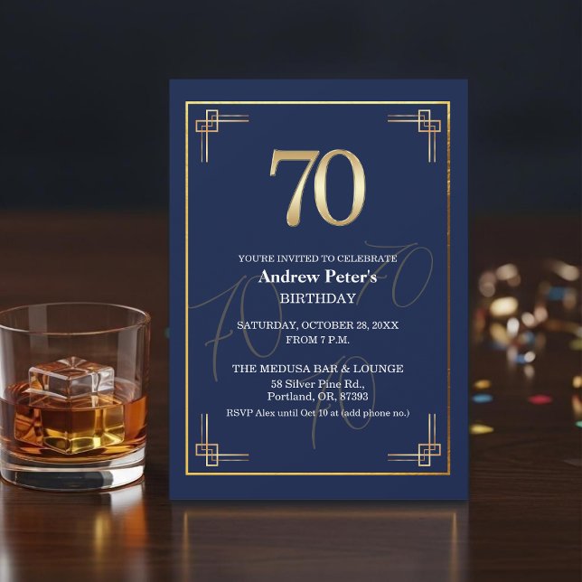 Invitation Fête d'anniversaire 70 ans Elegant Blue Gold (Créateur téléchargé)