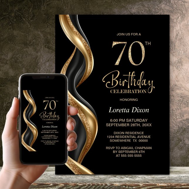 Invitation Fête d'anniversaire 70 ans élégante noire et or (Créateur téléchargé)
